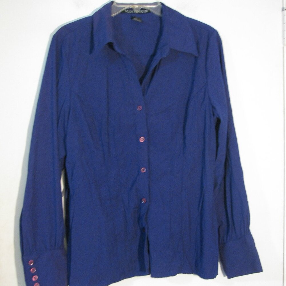 * Scott Taylor Button Up Blouse Large Eggplant Purple Long Sleeve Belt